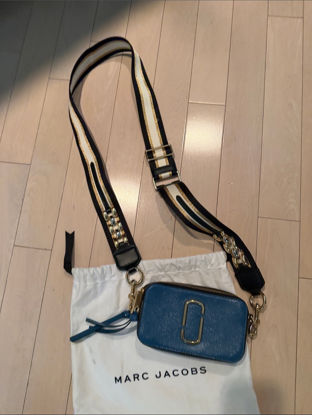 Marc Jacobs Blue Snapshot Mini Camera Bag with Striped Chain Strap